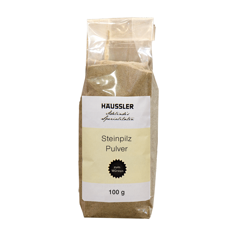 Durchsichtige Verpackung mit der Aufschrift: Steinpilz Pulver 100 Gramm