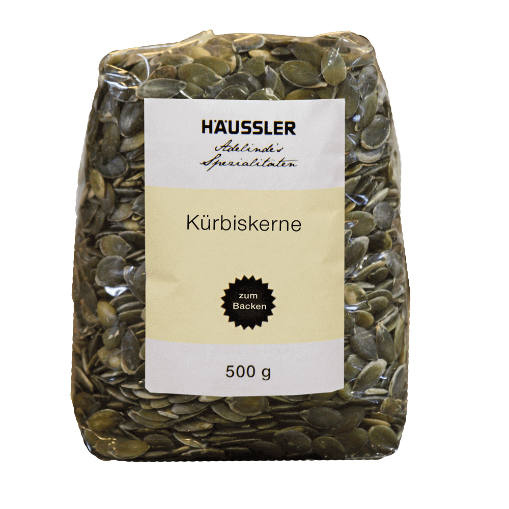 Kürbiskerne 500 g Durchsichtige Verpackung mit der Aufschrift: Kürbiskerne 500 Gramm