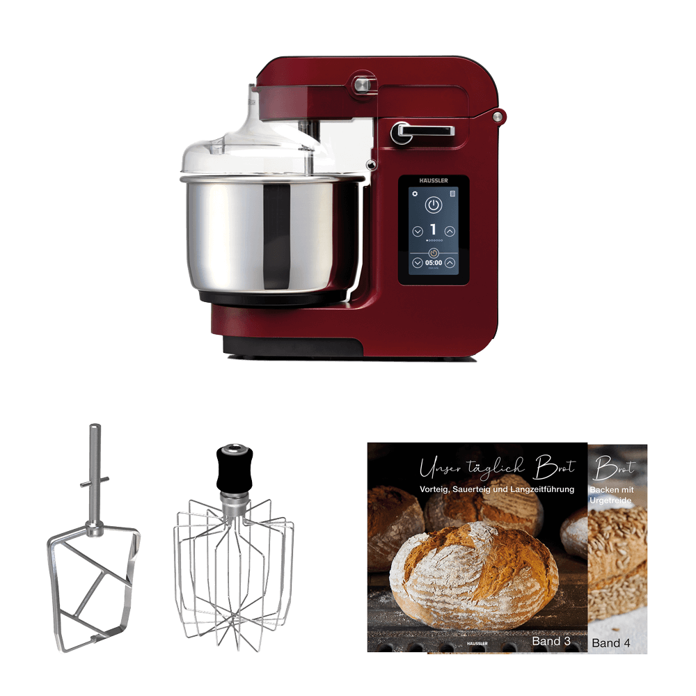 NOVA Paket 1 - Farbe Weinrot NOVA Teigknetmaschine in der Farbe Weinrot mit dem Rührpaddel, dem Schneebesen und zwei Backbüchern, welches mitgeliefert werden, ohne Hintergrund.