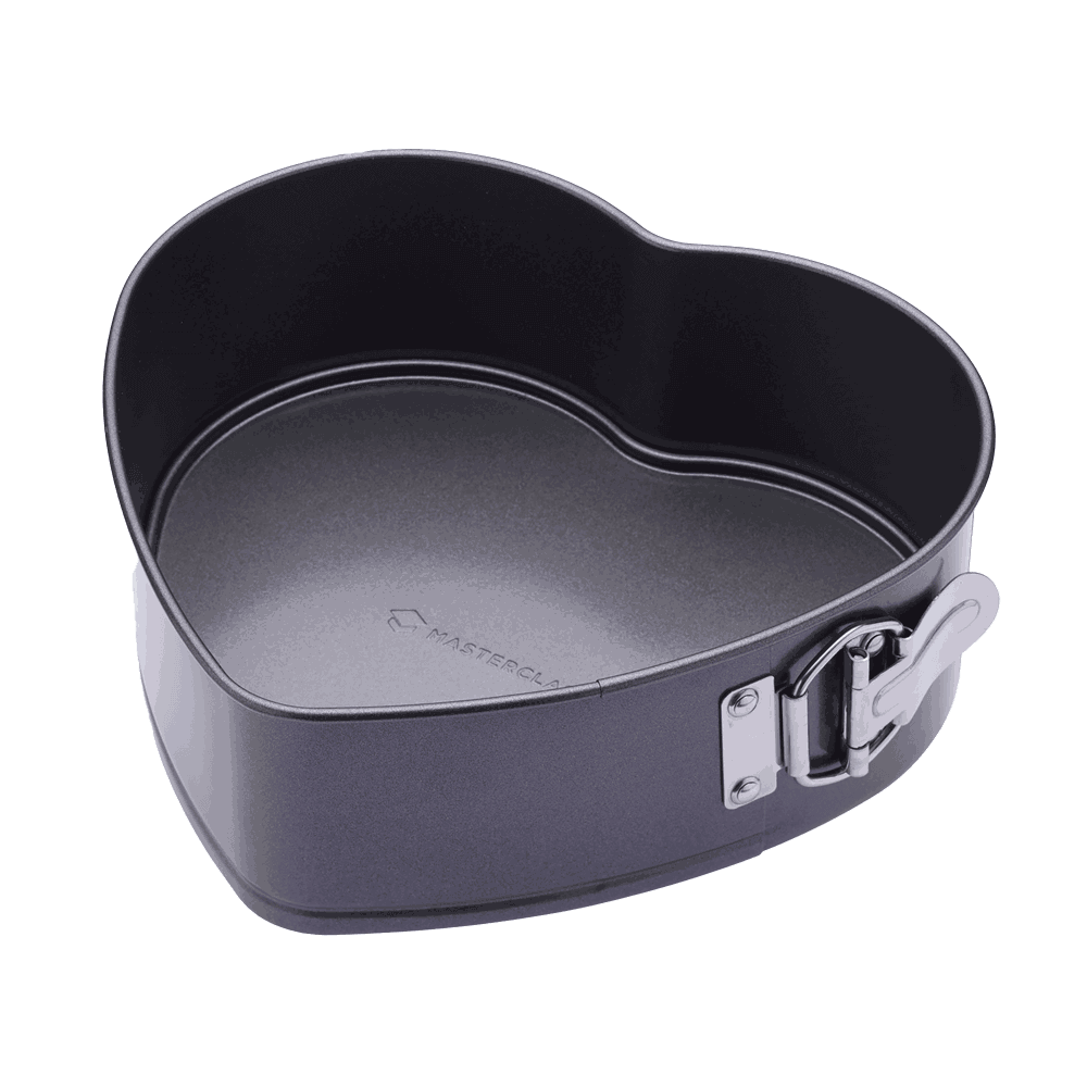 Herzförmige Kuchenform Herzförmige Springform-Kuchenform in dunklem Metallic-Finish mit geöffnetem Spannverschluss und glatter Antihaft-Innenbeschichtung, ideal zum Backen von Kuchen oder Torten.