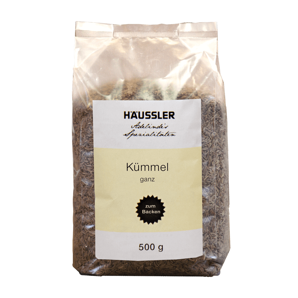 Durchsichtige Verpackung mit der Aufschrift - Kümmel ganz 500 Gramm