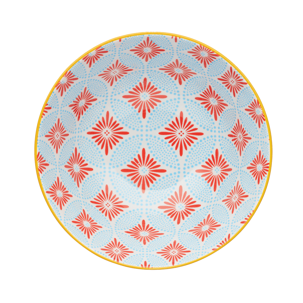 Bowl mit rot blauem Muster auf der Innenseite, ohne Hintergrund.