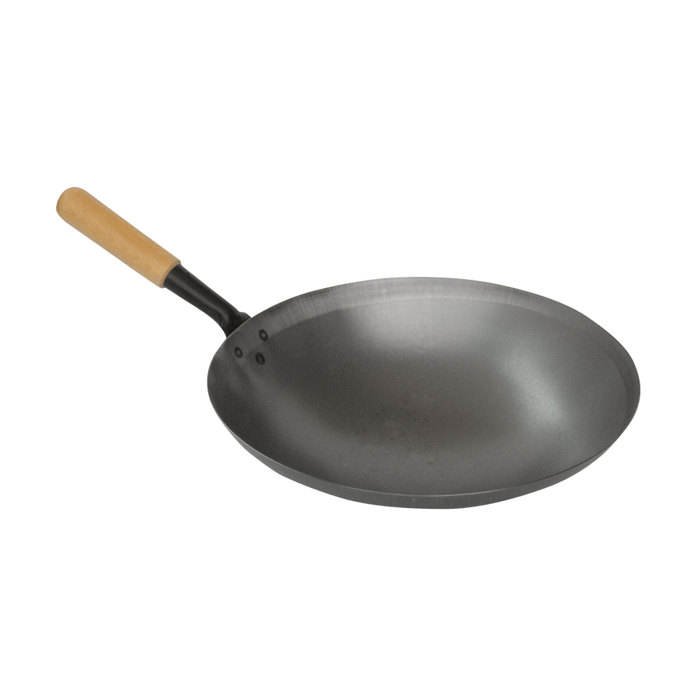 Wok Stahl Wok aus Stahl mit praktischem Holzstiel ohne Hintergrund.