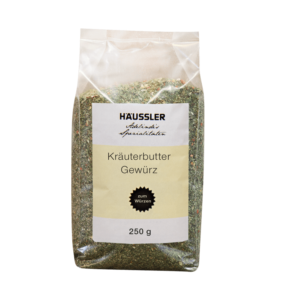 Kräuterbutter Gewürz 250 g Durchsichtige Verpackung mit Aufschrift: Kräuterbutter Gewürz 250 Gramm