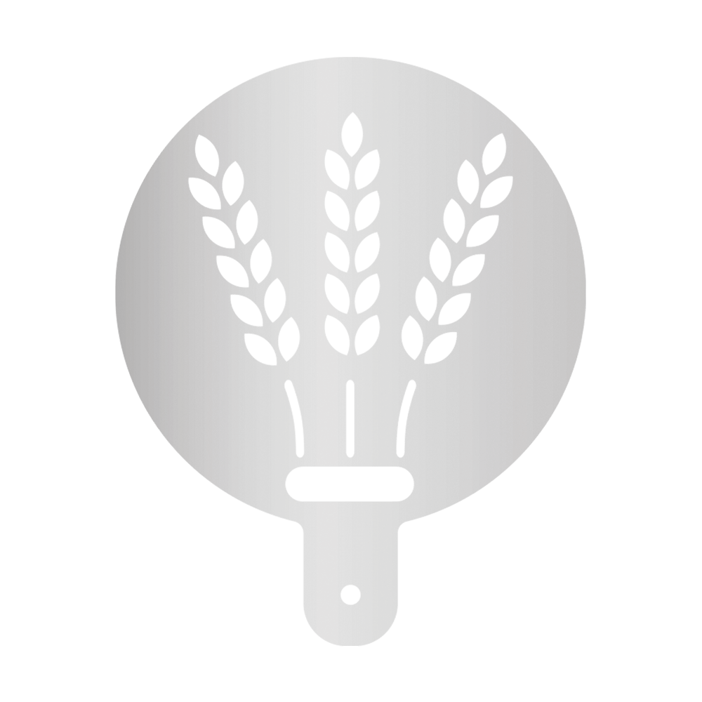 Mehlschablone Ähren Runde Mehlschablone mit Griffstück mit einem Ausschnitt in der Mitte in Form von drei Ähren. Ohne Hintergrundbild.