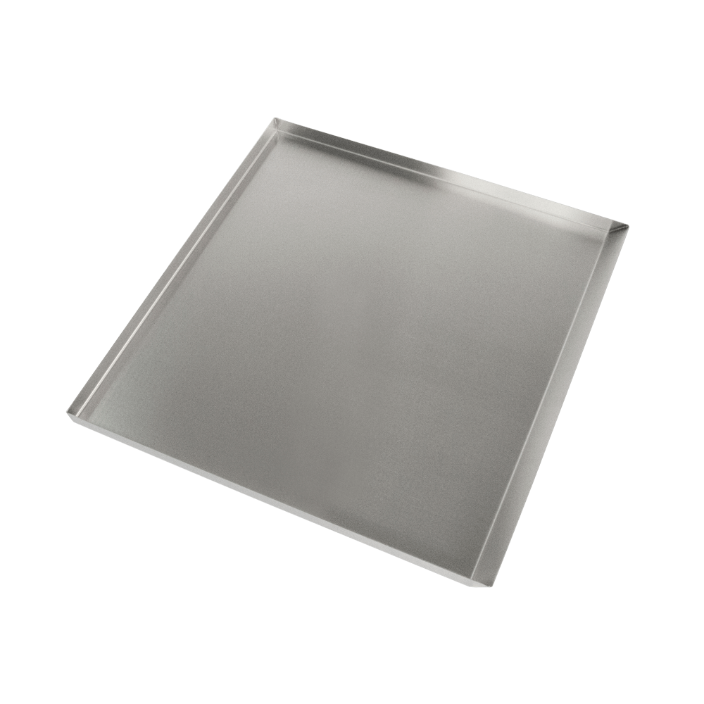 Backblech Edelstahl 64x64 cm Backblech aus Edelstahl mit den Maßen 64 auf 64 Zentimeter und einer Randhöhe von 3 Zentimeter. Ohne Hintergrund abgebildet