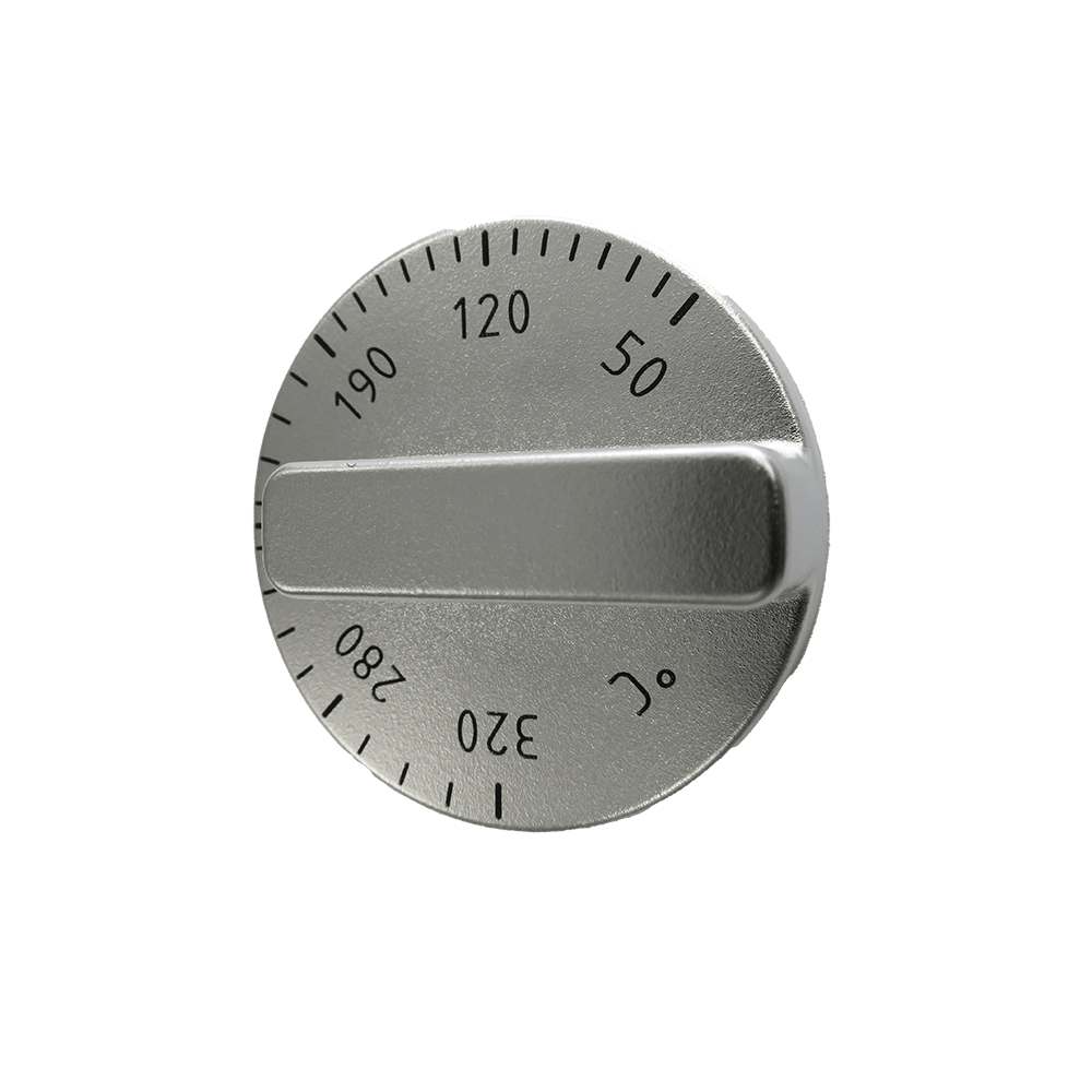 Drehgriff Temperaturskala Primus und Master Silberner Drehgriff mit einer Temperaturskala für die Elektrobacköfen Primus und Master.