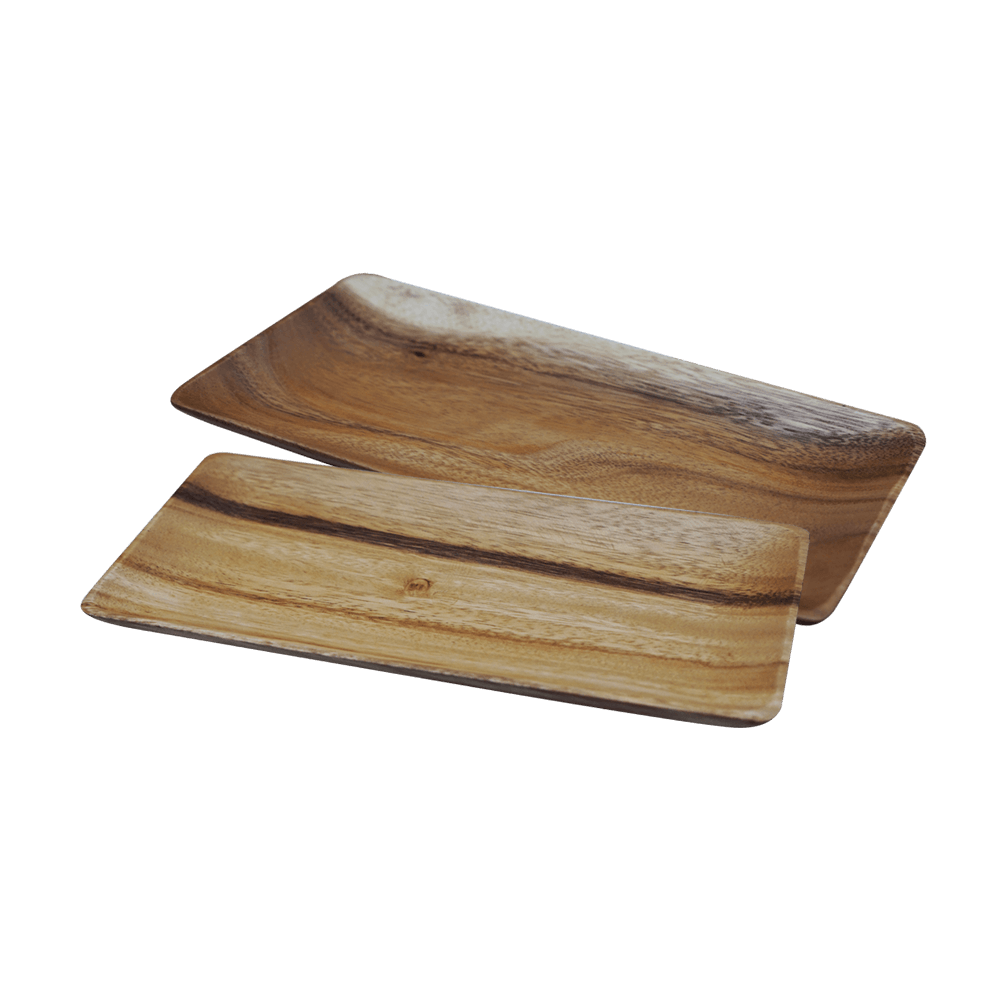 Servierteller aus Akazienholz Großer Servierteller aus dunklem Akazienholz und kleiner Servierteller aus hellem Akazienholz ohne Hintergrund.s Akazienholz