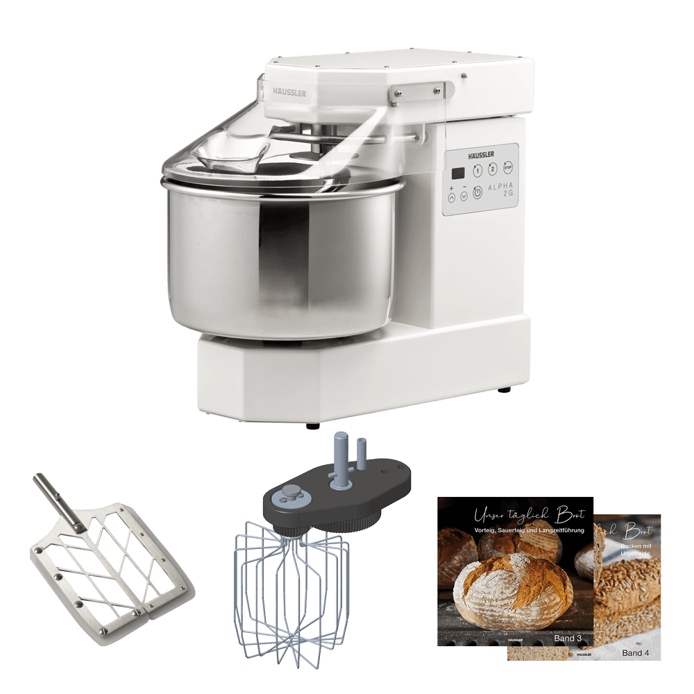 Alpha 2 G Paket 1 Alpha 1G in weiss, Schneebesen, Rührpaddel und Bücher ohne Hintergrund