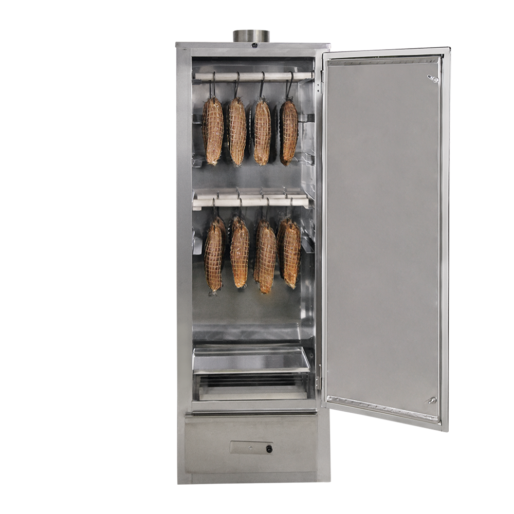 Heißräucherschrank FS2 Räucherschrank FS2 mit offener Tür und Fleisch im Räuchernetz