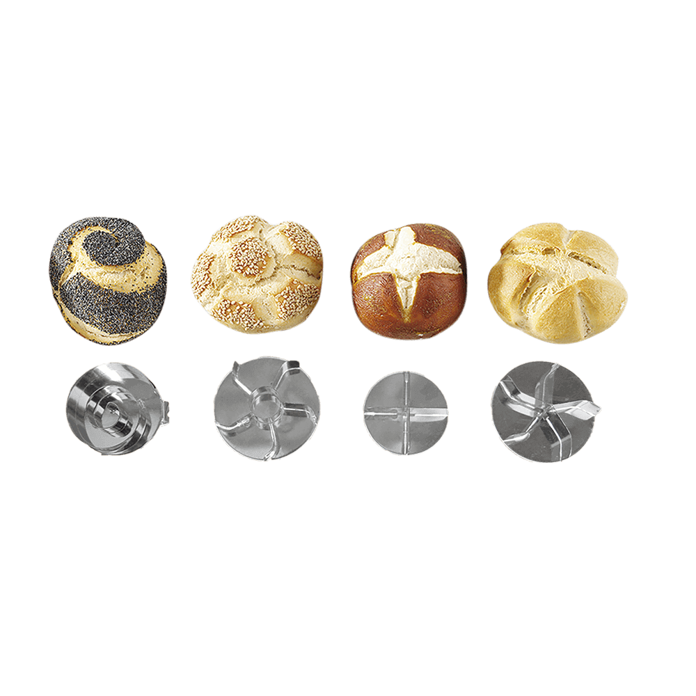 Auf dem Bild sind die verschiedenen Brötchendrücker und die dazu passenden Brötchen zu sehen. Abgefangen mit dem Piraldrücker, dem Kaiserdrücker mit Loch, dem Laugenweckendrücker und dem Kaisersemmeldrücker ohne Loch.