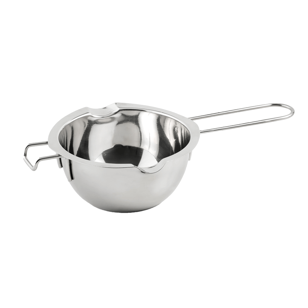 Wasserbadtopf Silberner Wasserbadtopf zum Schokolade schmelzen ohne Hintergrund.