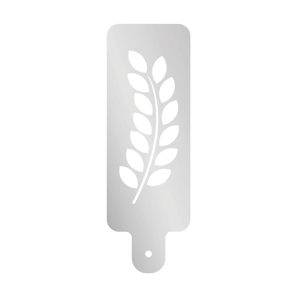 Mehlschablone Zweig rechteckige Mehlschablone mit Griffstück mit einem Ausschnitt in der Mitte in Form eines Zweigs. Ohne Hintergrundbild.