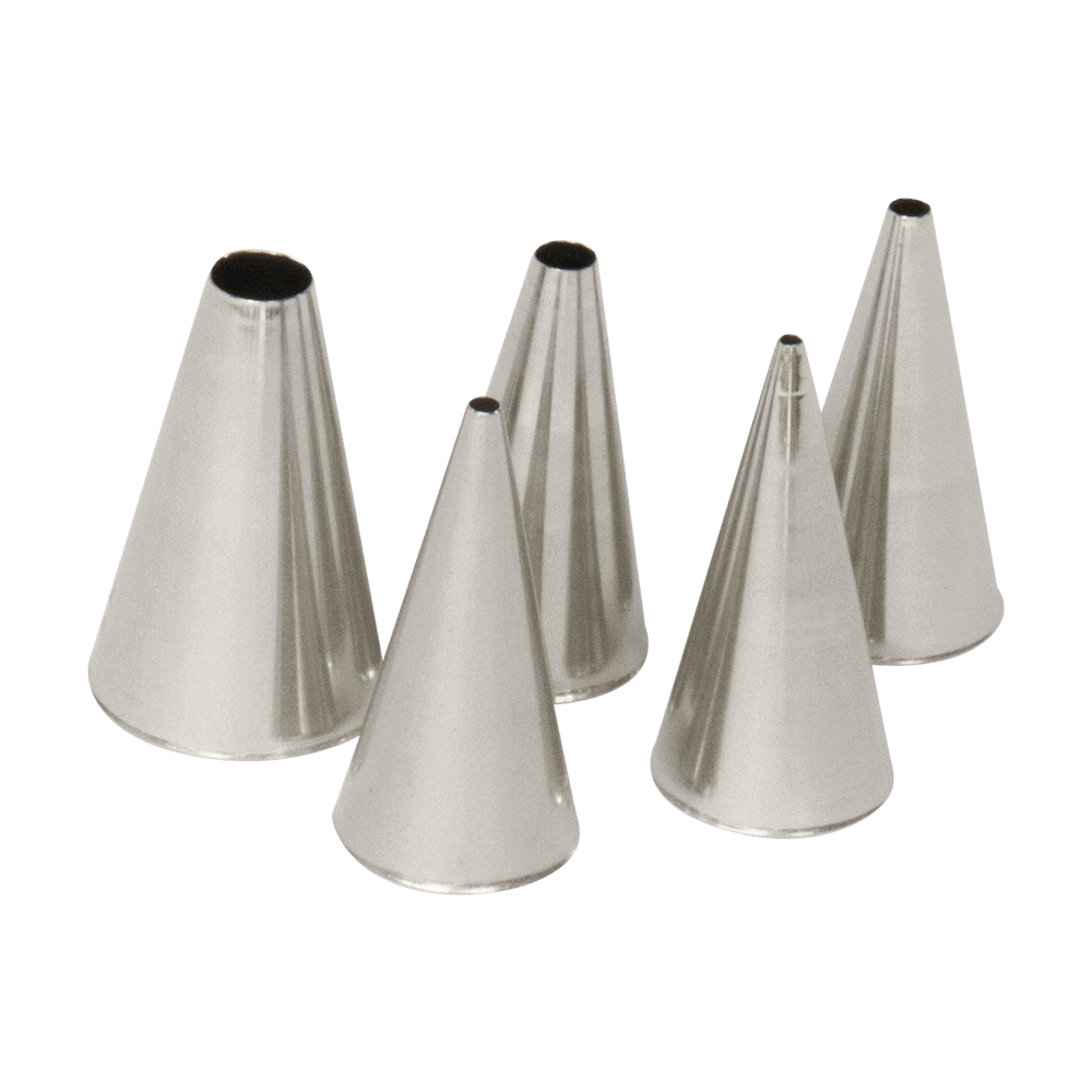 5-teiliges Lochtüllenset Fünf Lochtüllen aus Edelstahl mit verschiedenen Durchmesser. Ø 2 mm Ø 3 mm Ø 4 mm Ø 6 mm und Ø 10 mm. Alle Zeigen mit der Sitze nach oben.