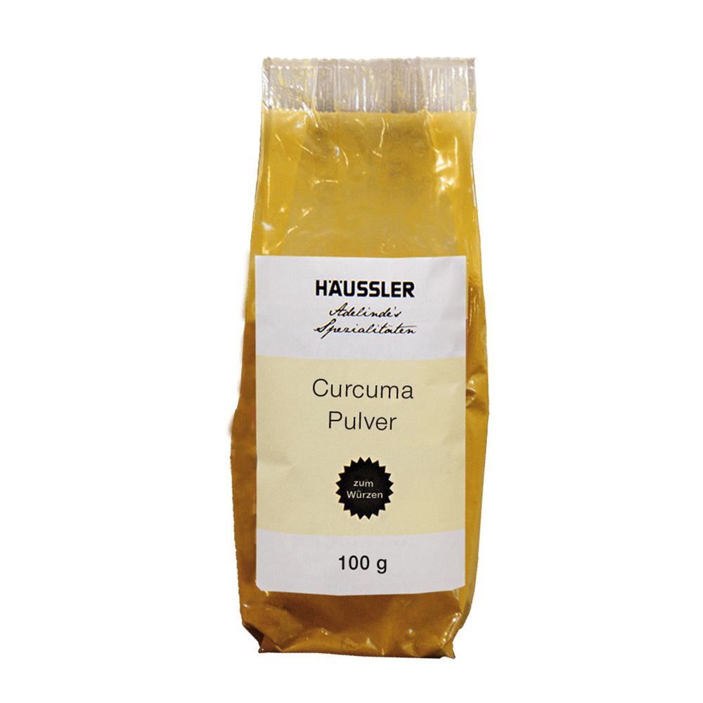 Curcuma Pulver 100 g Durchsichtige Verpackung mit der Aufschrift: Curcuma Pulver 100 Gramm