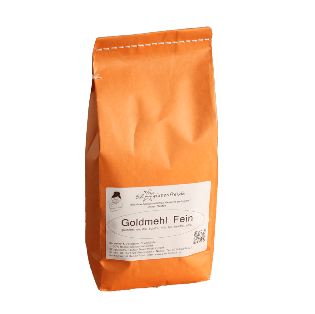 Glutenfreies Goldmehl in einer orangenen Papierverpackung ohne Hintergrund.