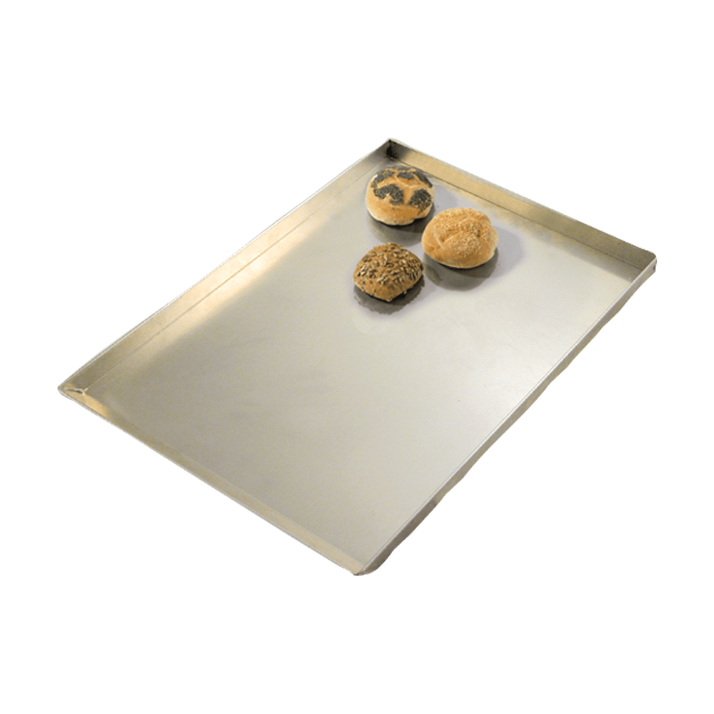 Backblech mit den Maßen 40x60cm. Es liegen 3 gebacken Brötchen, bestreut mit Saaten, auf dem Blech