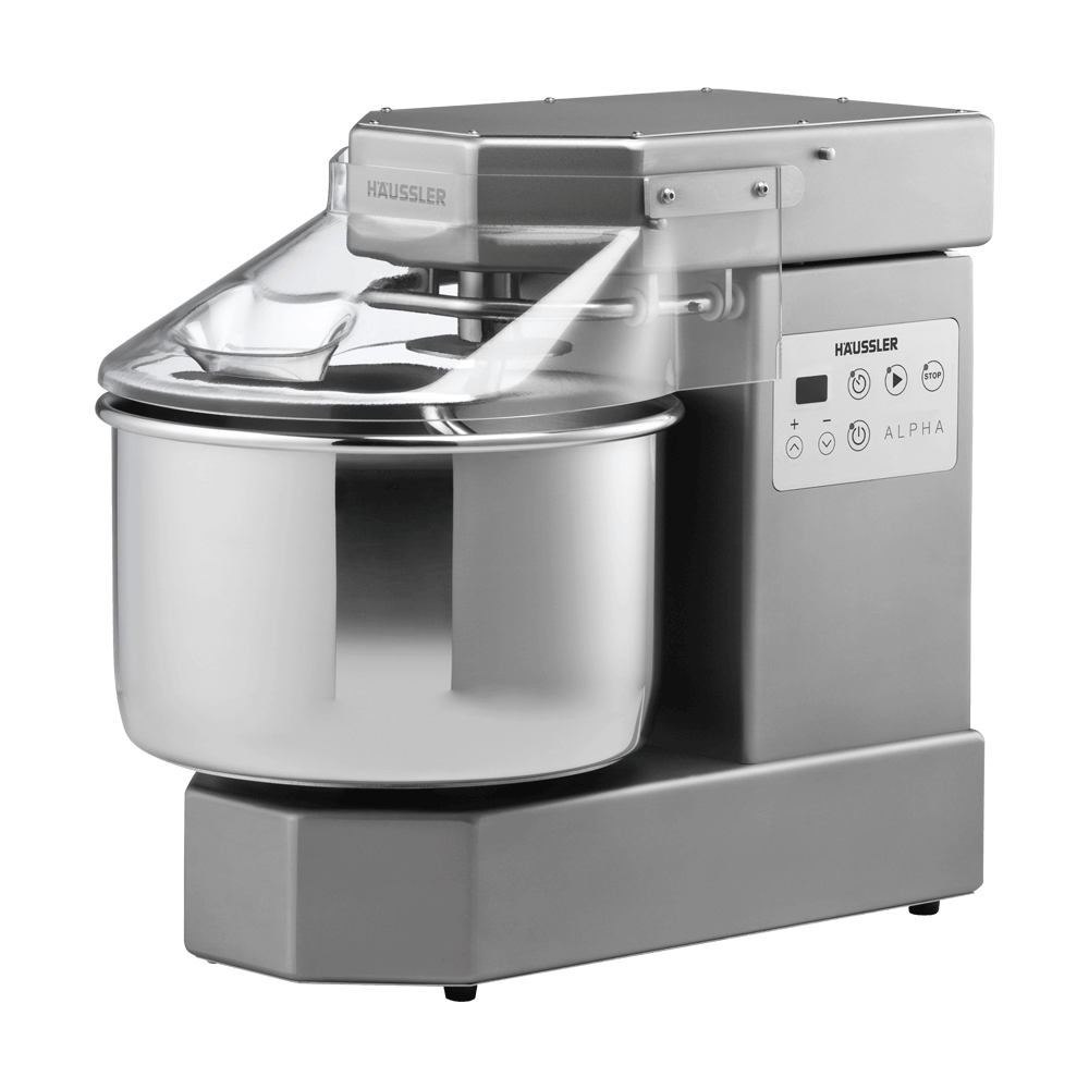 Alpha Teigknetmaschine 1-Gang in frontaler Ansicht in der Farbe Edelstahl ohne Hintergrund.