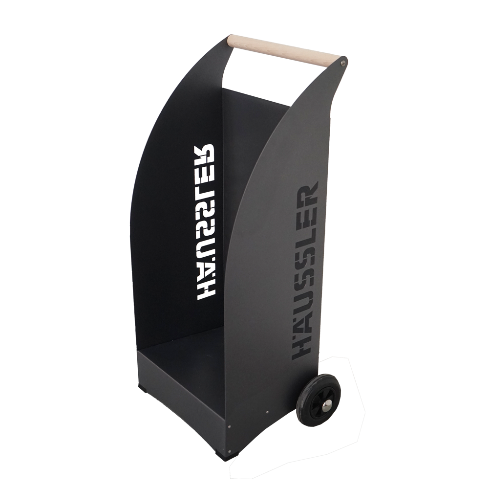 Fahrbarer Holzwagen mit Rädern und Häussler Logo, Farbe anthrazit