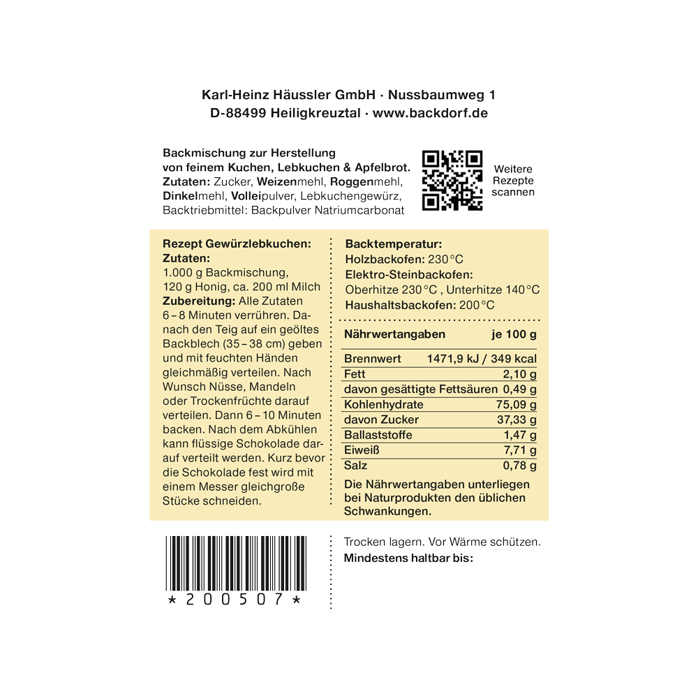 Weiße Verpackung mit gelbem Aufkleber - Backmischung für Gewürzkuchen, Rührlebkuchen und Apfelbrot