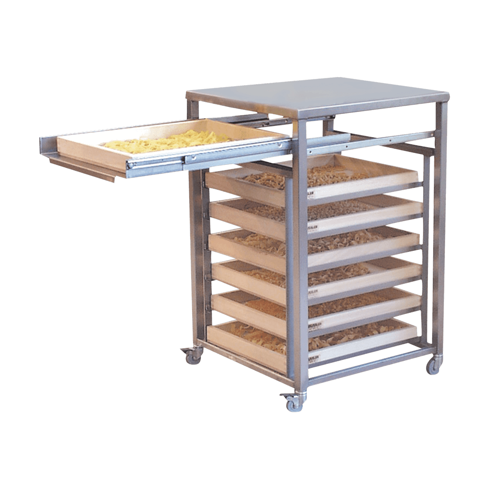 Nudelhordenwagen Nudelhordenwagen aus Edelstahl mit Platz für 7 Nudelhoren und die Nudelmaschine