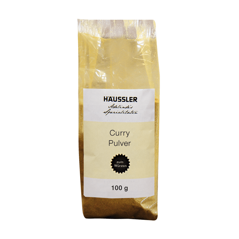 Currypulver 100 g Durchsichtige Verpackung mit Aufschrift: Currypulver 100 Gramm