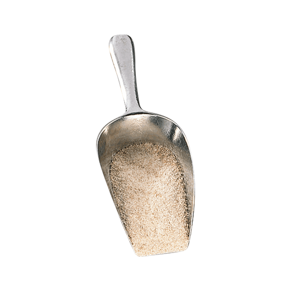 Abwiegeschaufel Aluminium bis 250 g Abwiegeschaufel aus Aluminium bis 250 g Fassungsvermögen, gefüllt mit Getreide, ohne Hintergrund.