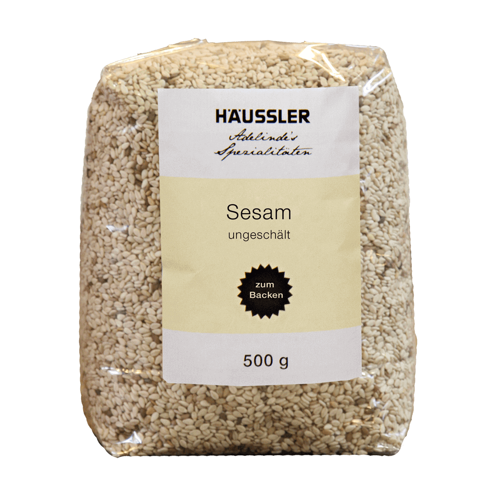 Sesam ungeschält 500 g Durchsichtige Verpackung mit der Aufschrift: Sesam ungeschält 500 Gramm
