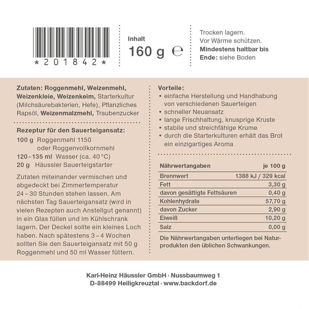 Luftig, lockerer und aktiver Sauerteig mit dem Sauerteigstarter herstellen Dose mit rotem Etikett und rotem Deckel. Inhalt der Dose ist 160 Gramm Sauerteigstarter
