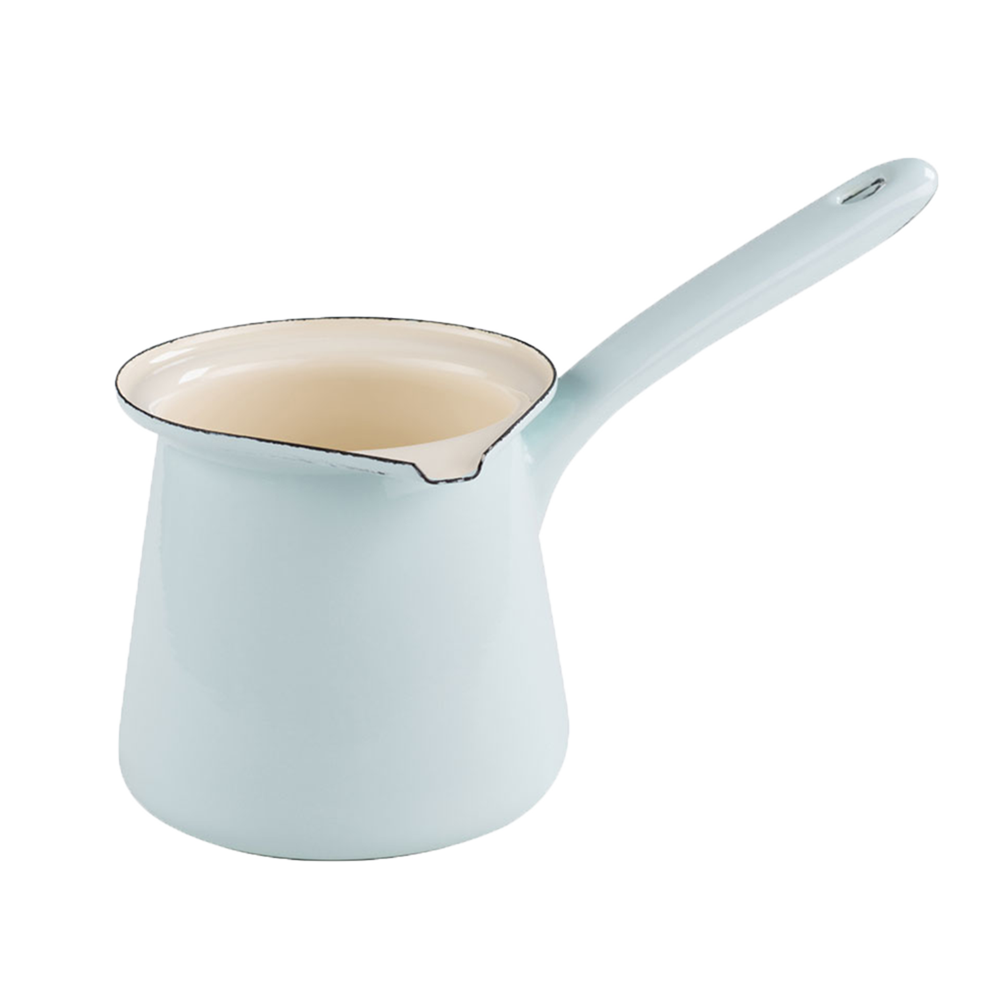 Kaffeekocher Weißer Kaffeekocher emailliert mit Stiel ohne HIntergrund.