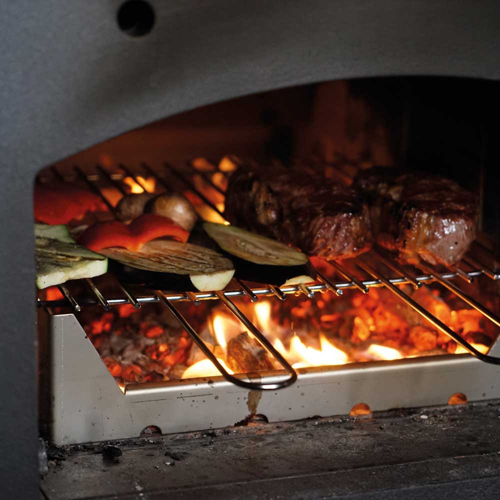 Grillrost HABO incl. 4 Grillspieße Grillrost über einem Feuer mit Steak und Grillgemüse