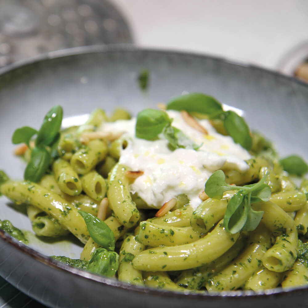 Rezept für Rigatoni mit Basilikum und Bueffelmozzarella selbstgemachte Rigatoni mit Basilikumpesto und frischem Büffelmozzarella in einem grauen Teller serviert