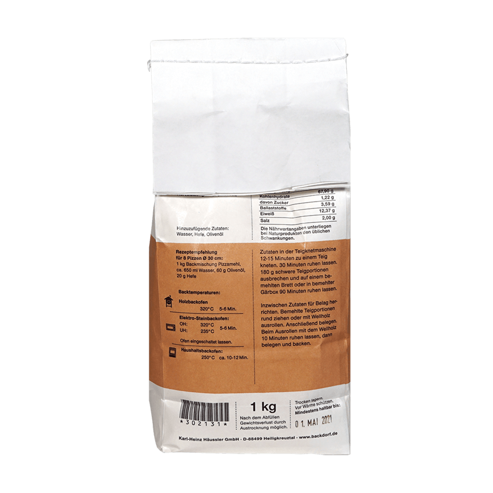 Pizzamhel Verpackung von hinten, ohne Hintergrund