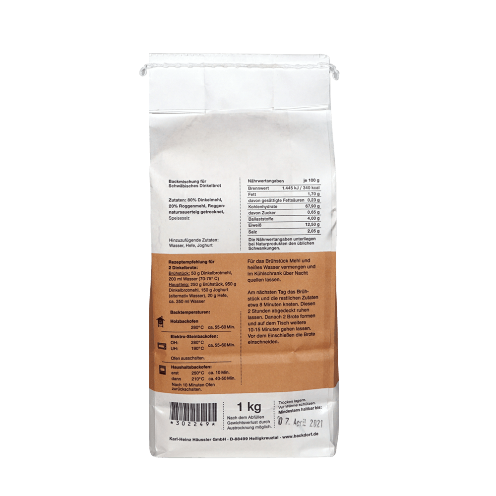 Weiß-braune Verpackung mit Aufschrift: Schwäbisches Dinkelbrot 1 Kilogramm