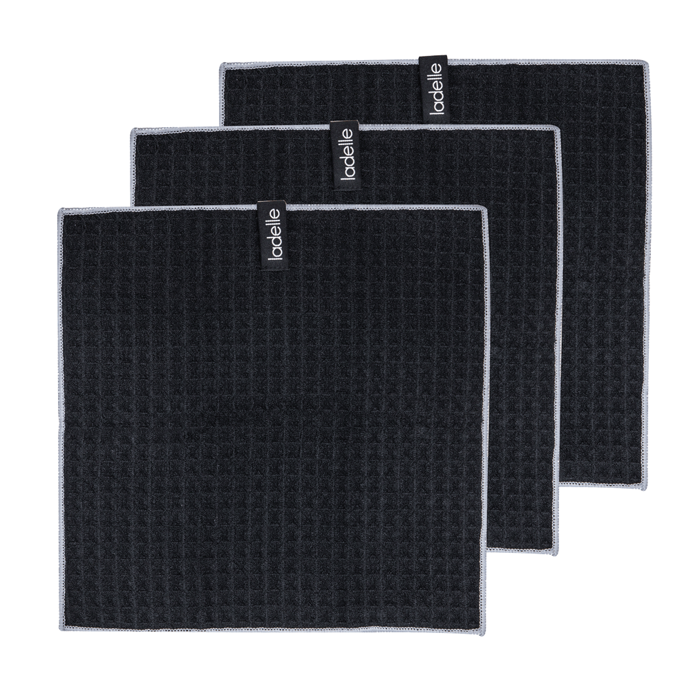 3 schwarze Spültücher nebeneinander ohne Hintergrund