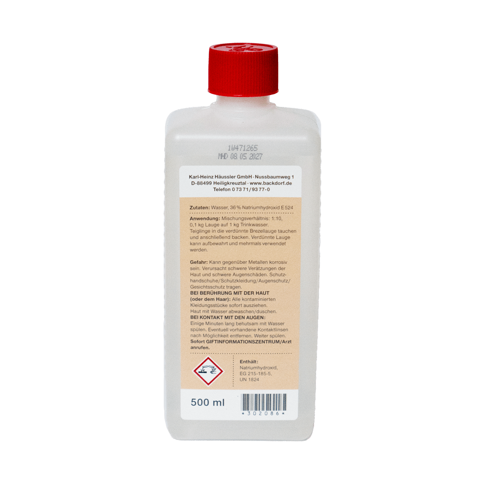 Brezellauge Flasche Brezellauge 0,5 Liter, Rückseite mit Etikett und Sicherheitshinweisen