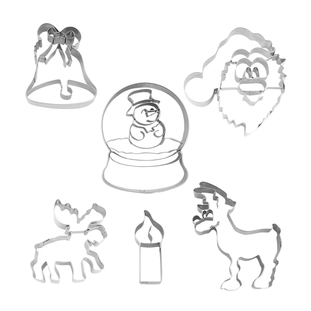 Präge Ausstecher: Glocke, Weihnachtsmann, Rentier, Kerze, Elch und Schneemann in einer Schneekugel ohne Hintergrund abgebildet