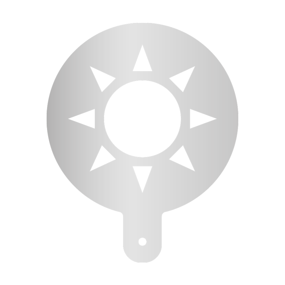 Mehlschablone Sonne Runde Mehlschablone mit Griffstück mit einem Ausschnitt in der Mitte in Form einer Sonne. Ohne Hintergrundbild.