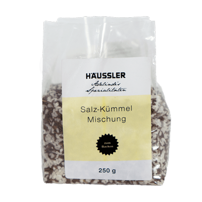 Durchsichtige Verpackung mit der Aufschrift: Sal-Kümmel-Mischung 250 Gramm