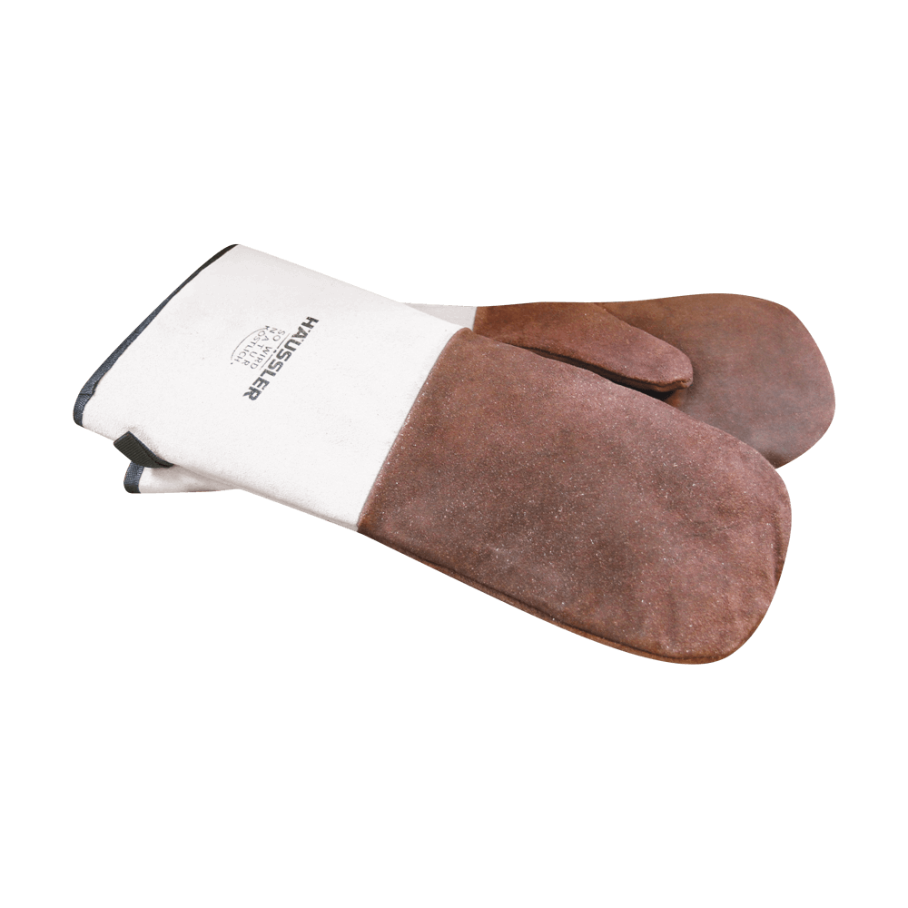 Backhandschuhe aus Leder Auf dem Bild befindet sich 1 paar Backhandschuhe die vorne aus Leder sind. Die Stulpen sind weiß und tragen das Häussler Logo. Ohne Hintergrund abgebildet.