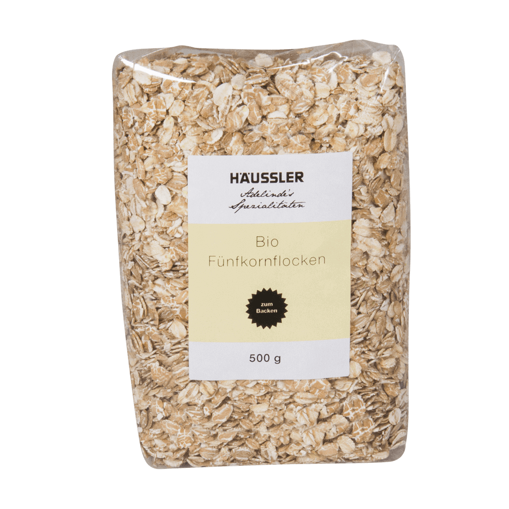 Bio-Fünfkornflocken 500 g Durchsichtige Verpackung mit gelb weißem Aufkleber, Bio Fünfkornflocken 500 Gramm