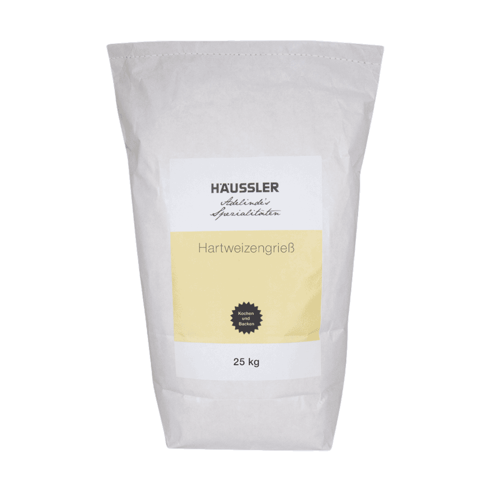 Hartweizengrieß 25 kg Hartweizengrieß in weißer Mehltüte ohne Hintergrund