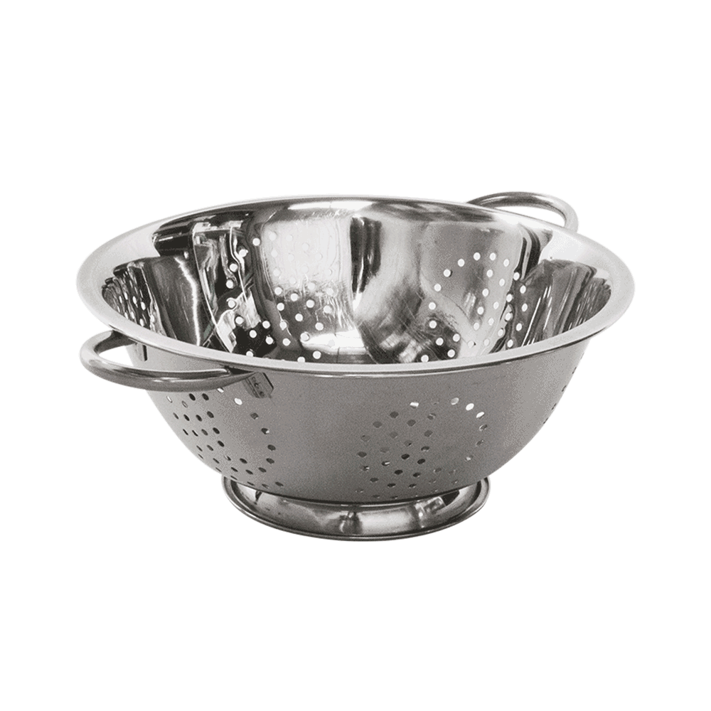 Edelstahlsieb mit zwei Griffen. Ohne Hintergrund abgebildet.