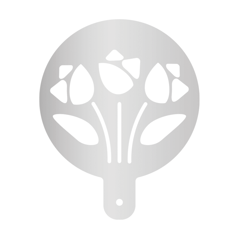 Runde Mehlschablone mit Griffstück mit einem Ausschnitt in der Mitte in Form von drei Tulpen. Ohne Hintergrundbild.