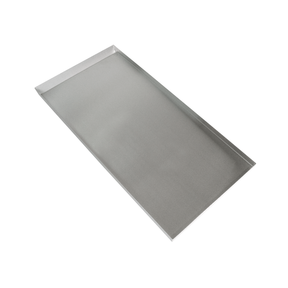 Backblech Edelstahl 47x95 cm Backblech aus Edelstahl mit den Maßen 47 auf 95 Zentimeter und einer Randhöhe von 3 Zentimeter. Ohne Hintergrund abgebildet