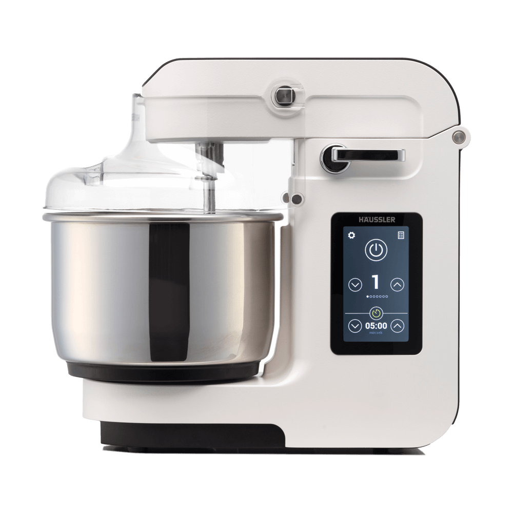 NOVA Teigknetmaschine Weiß Nova Teigknetmaschine mit Digitaldisplay in frontaler Ansicht in der Farbe Weiß ohne Hintergrund.