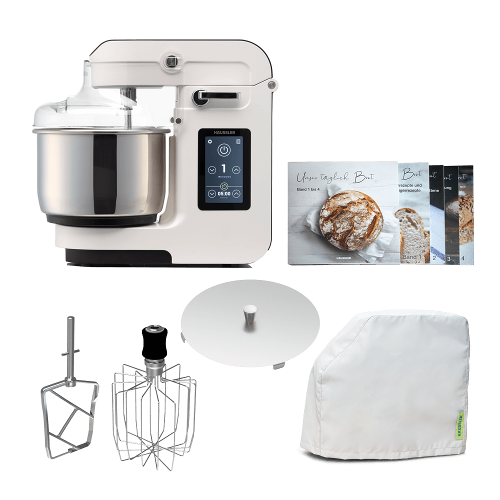 NOVA Paket 2 - Farbe weiß NOVA Teigknetmaschine in der Farbe weiß mit dem gesamten Zubehör, welches mitgeliefert wird, ohne Hintergrund.