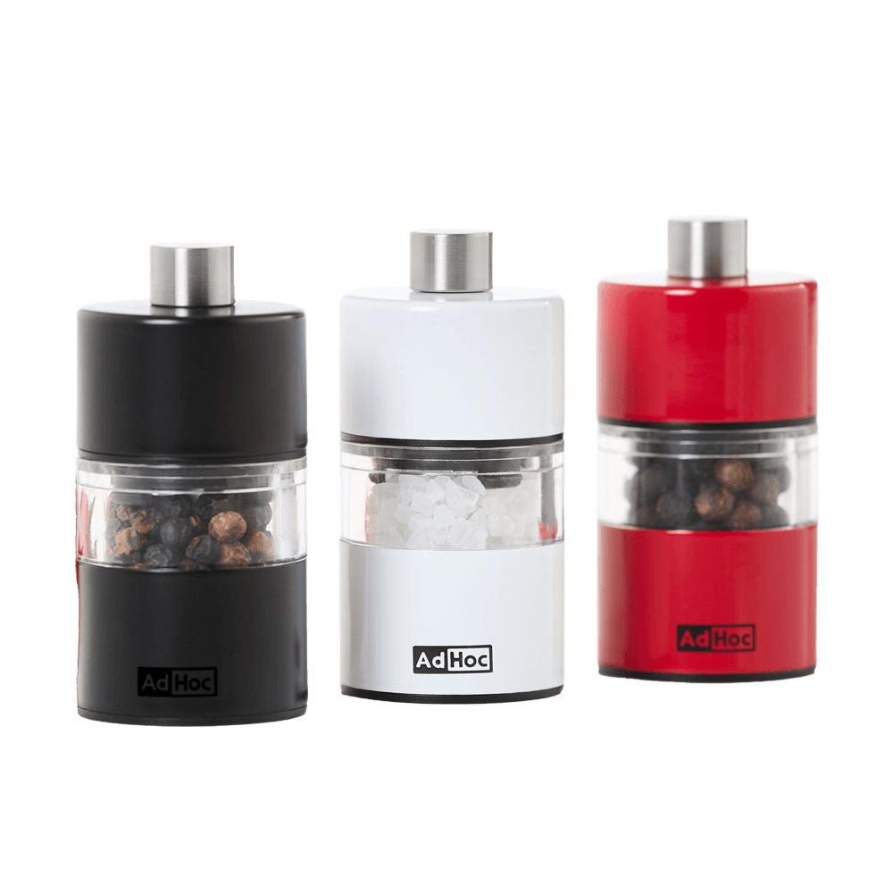 Pfeffer-/Salzmühle Minimill 3 Salz-/Pfeffer Mühlen abgebildet: in einer Schwarzen und einer roten Mühle befindet sich Pfeffer und in einer weißen Mühle befindet sich Salz