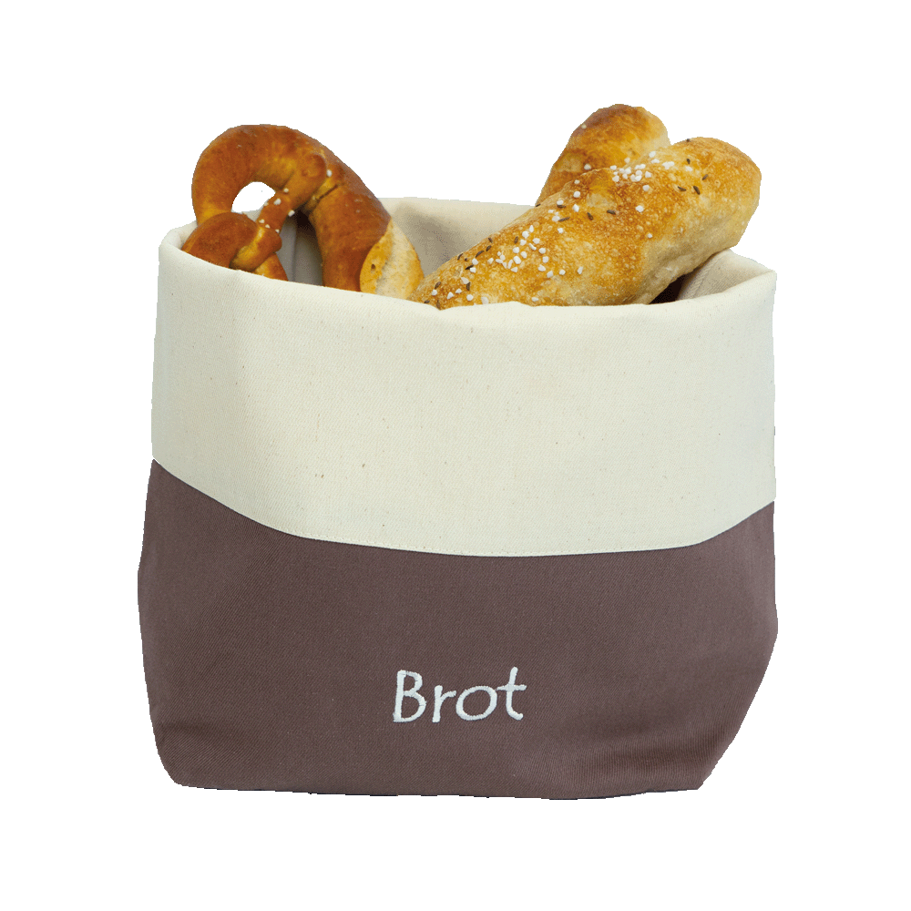 Brottasche aus Baumwolle: Ideal zum Einkaufen, Frischhalten und Servieren. Braune Brotasche gefüllt mit Gebäck