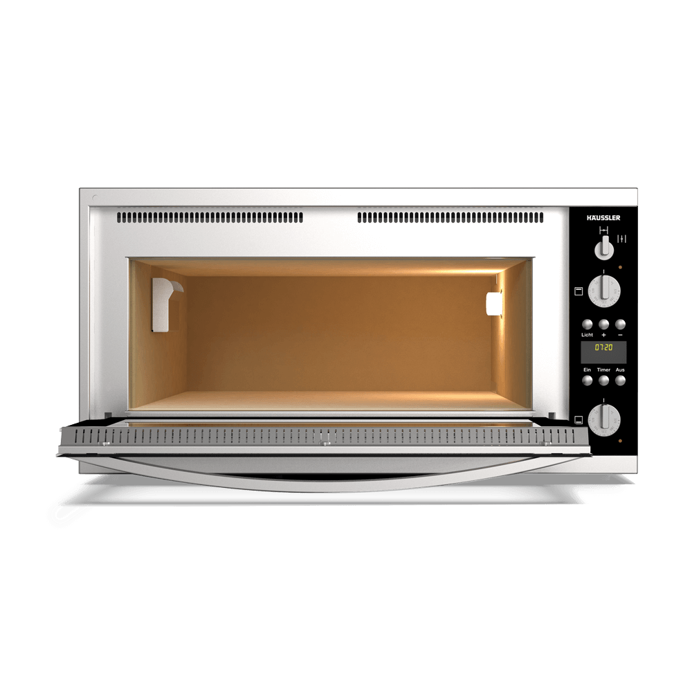 Elektrosteinbackofen mit geöffneter Türe und Schmaottesteinen